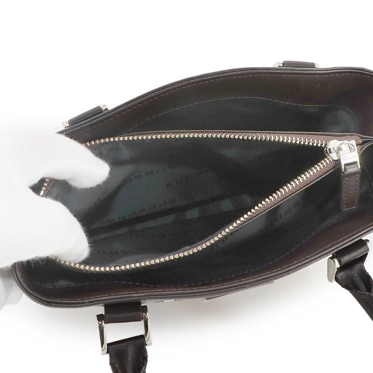 Plaid Hand Bag Canvas Leather Beige Brown Purse