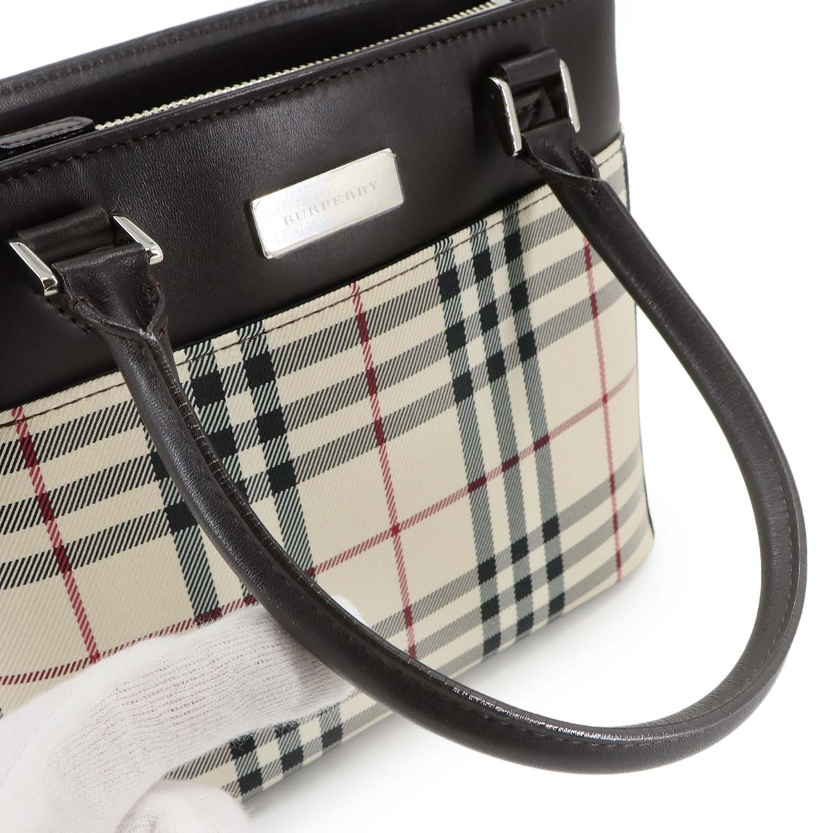 Plaid Hand Bag Canvas Leather Beige Brown Purse
