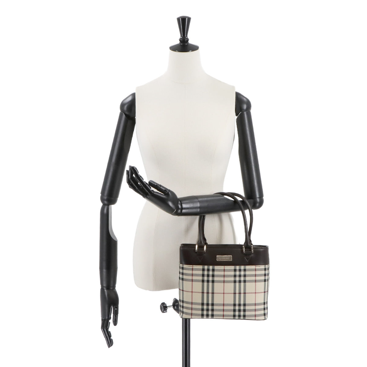 Plaid Hand Bag Canvas Leather Beige Brown Purse