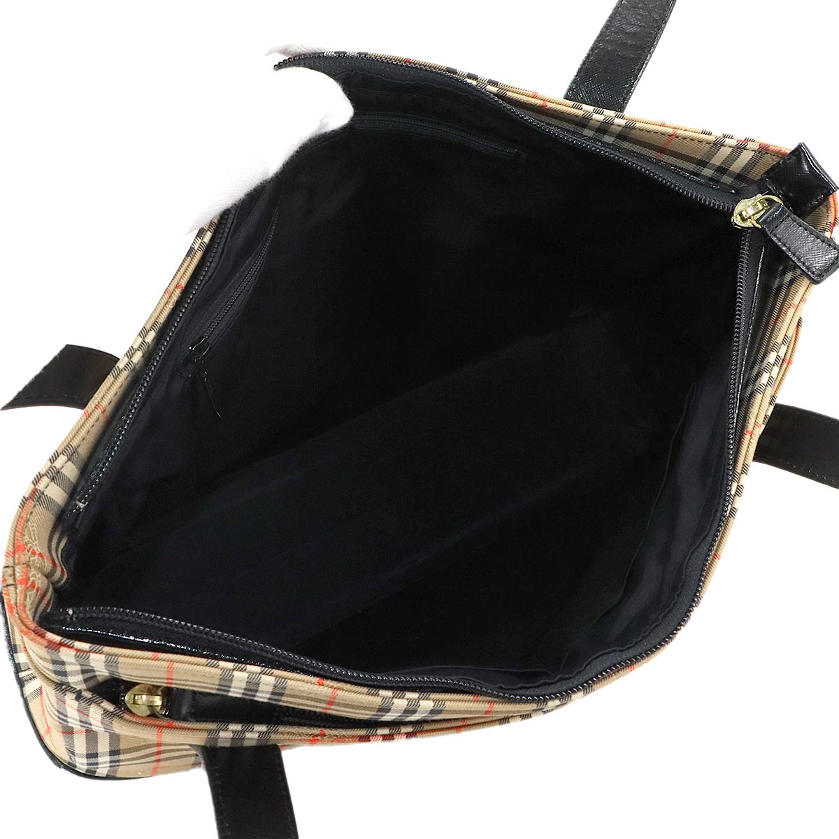 Plaid Small Tote Bag Canvas Leather Beige Black Haymarket