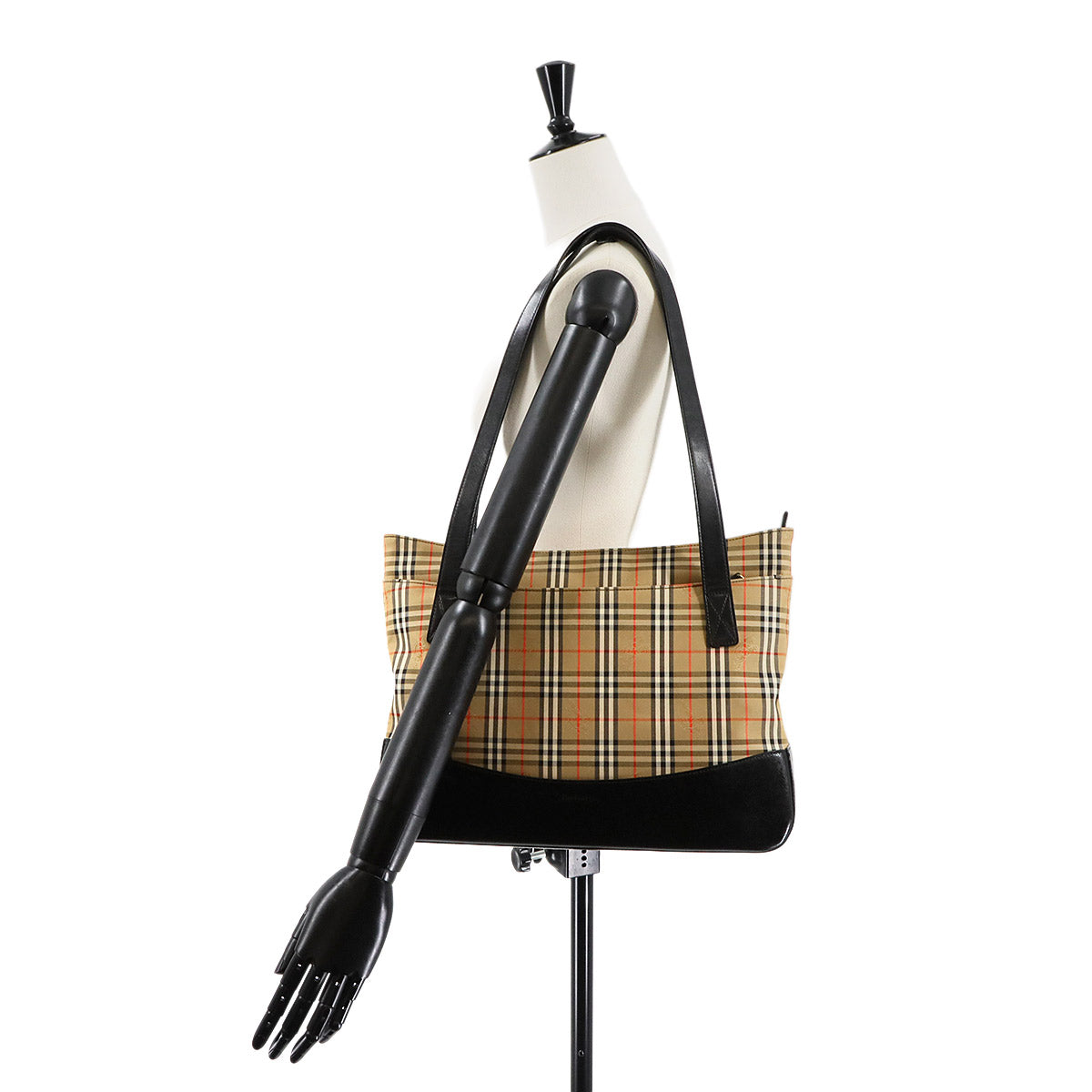 Plaid Small Tote Bag Canvas Leather Beige Black Haymarket