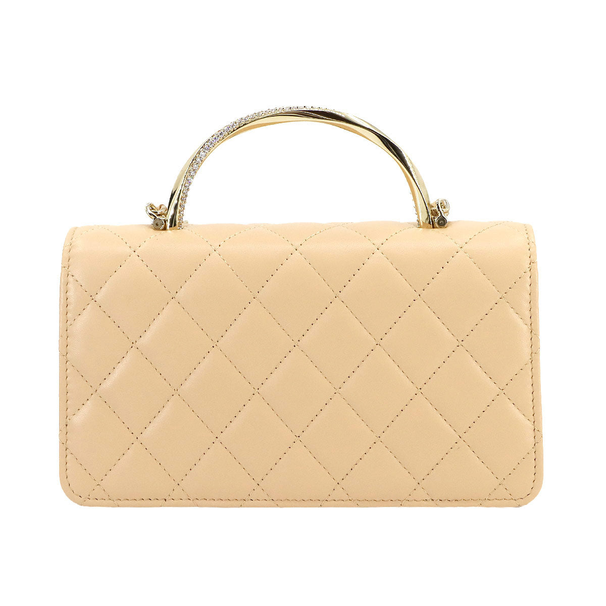 Matelasse Chain Wallet Leather Beige AP4293 Rhinestone