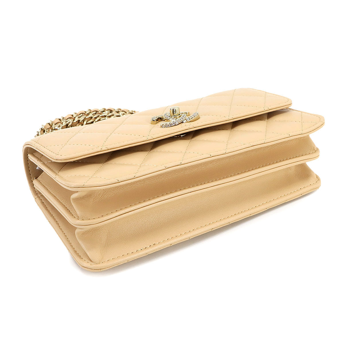 Matelasse Chain Wallet Leather Beige AP4293 Rhinestone