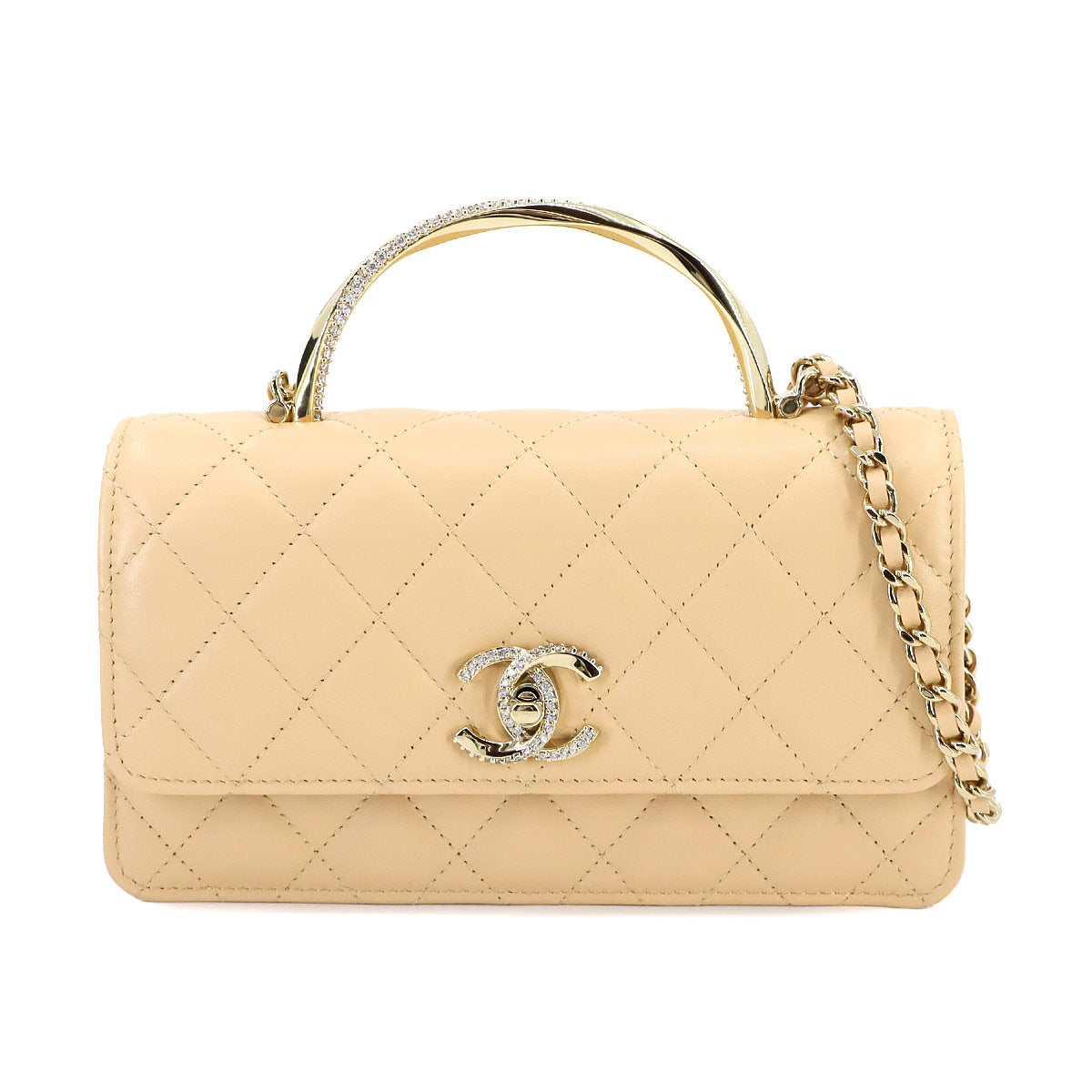 Matelasse Chain Wallet Leather Beige AP4293 Rhinestone