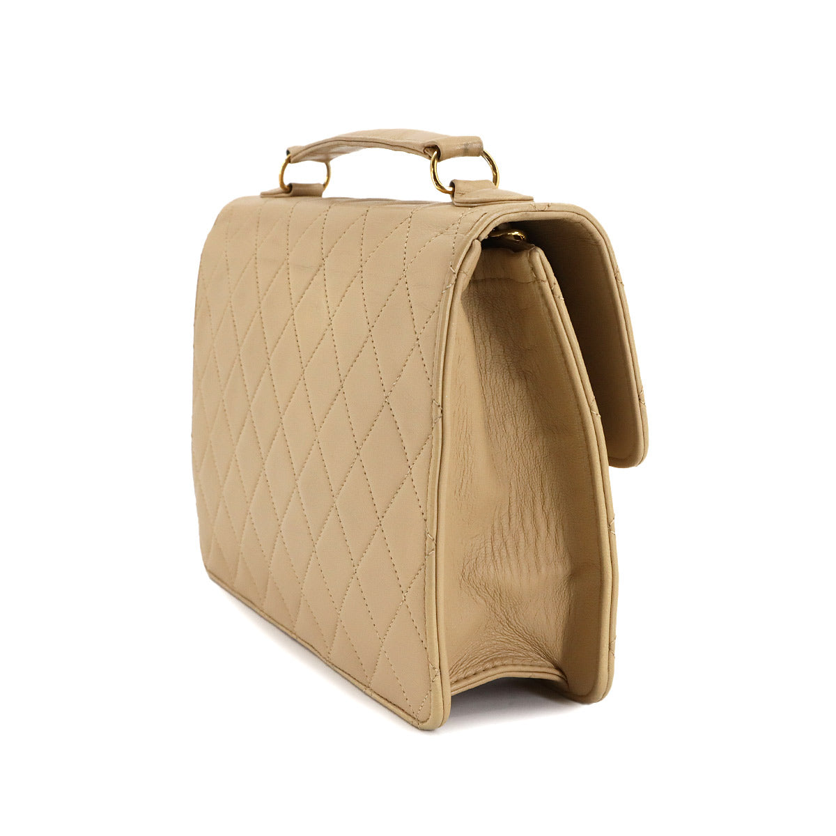 Double Lock Matelasse Hand Chain Shoulder Bag Leather Beige