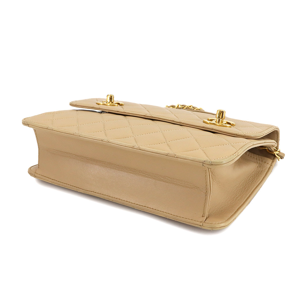 Double Lock Matelasse Hand Chain Shoulder Bag Leather Beige