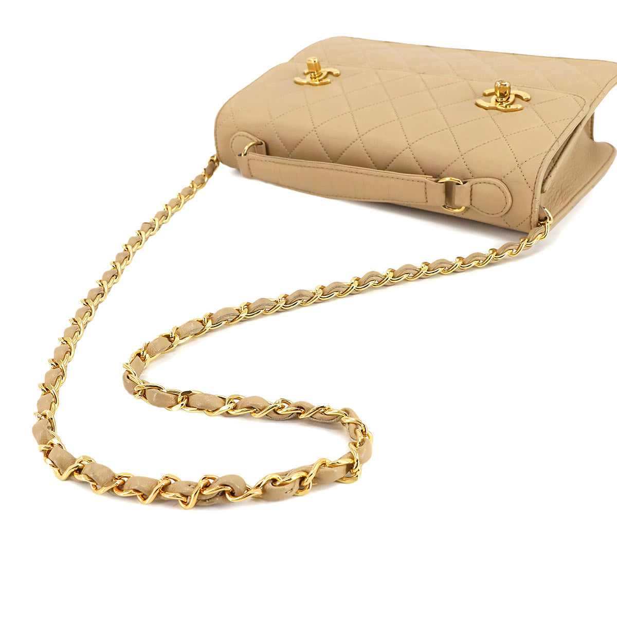 Double Lock Matelasse Hand Chain Shoulder Bag Leather Beige