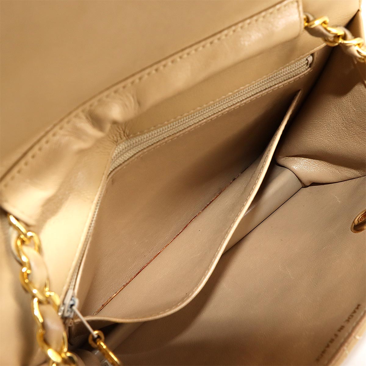 Double Lock Matelasse Hand Chain Shoulder Bag Leather Beige