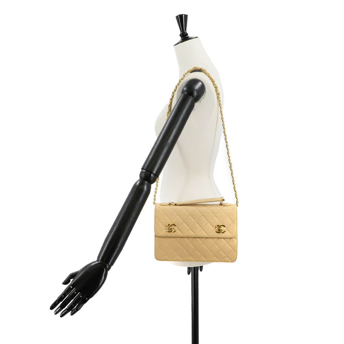 Double Lock Matelasse Hand Chain Shoulder Bag Leather Beige