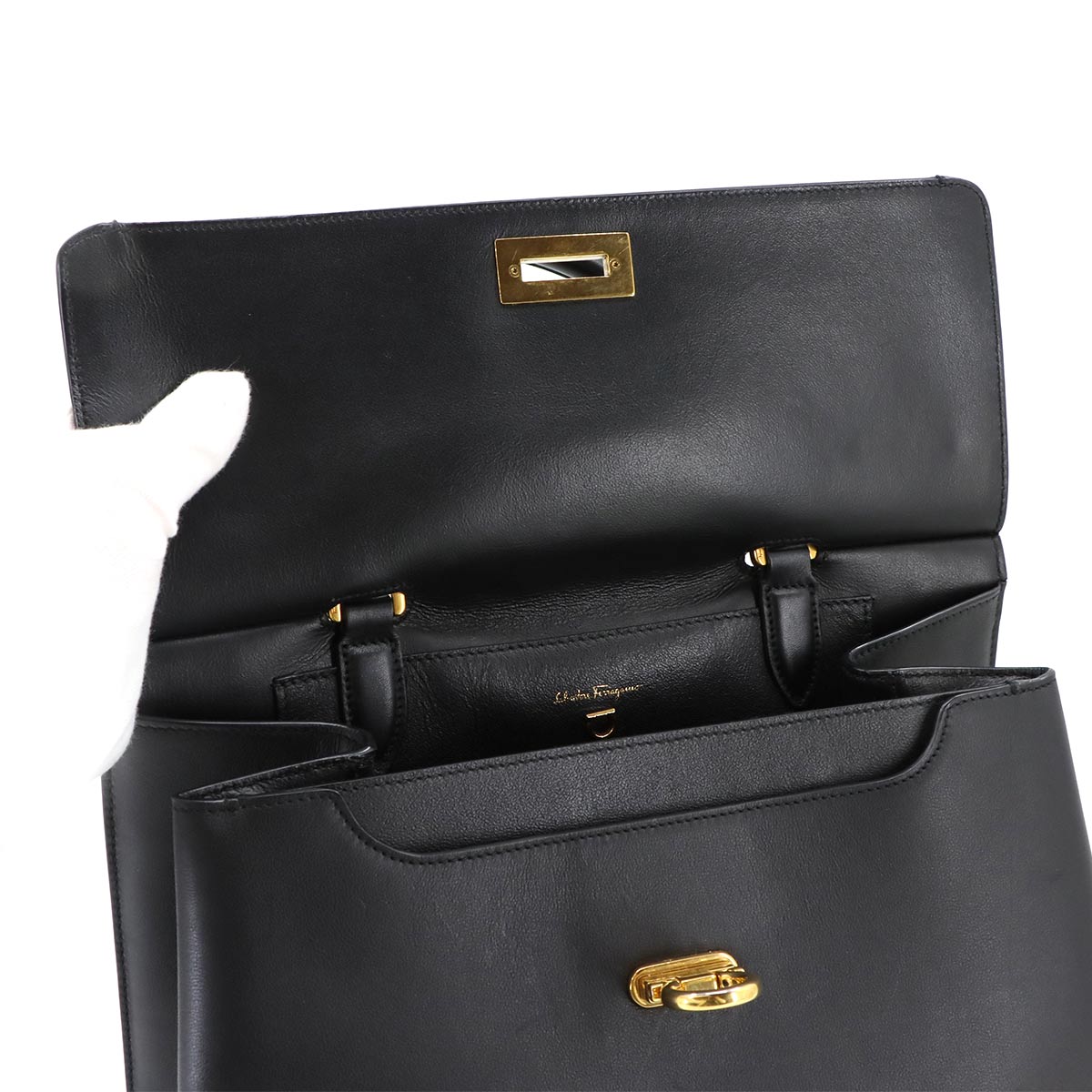 Gancini Hand Shoulder Bag Leather Black Purse