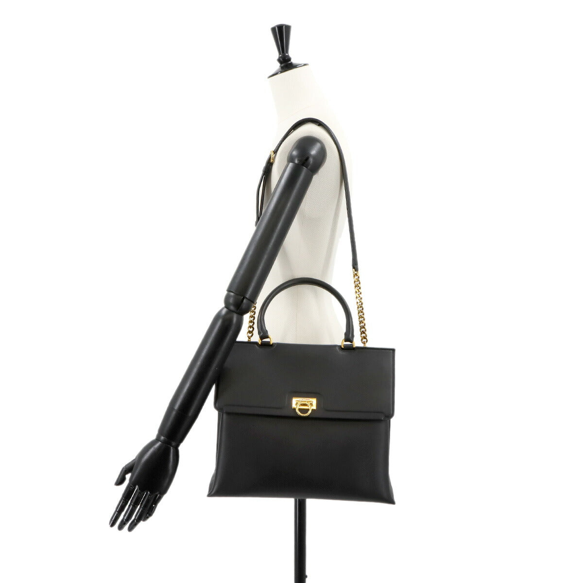 Gancini Hand Shoulder Bag Leather Black Purse