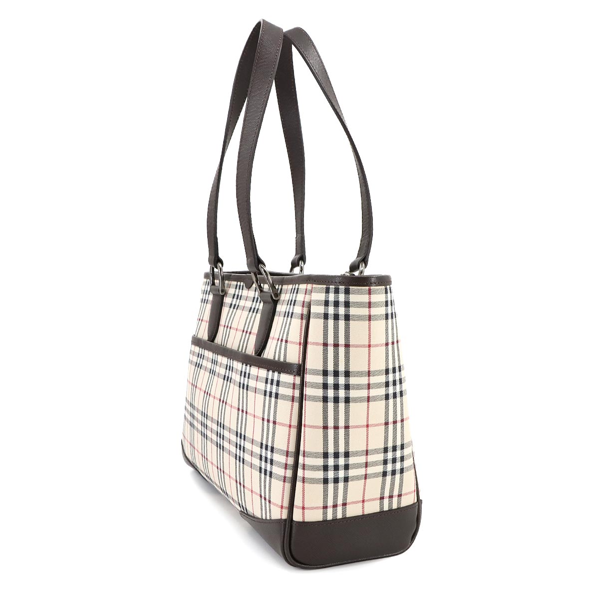 Plaid Tote Bag Canvas Leather Beige Brown Purse