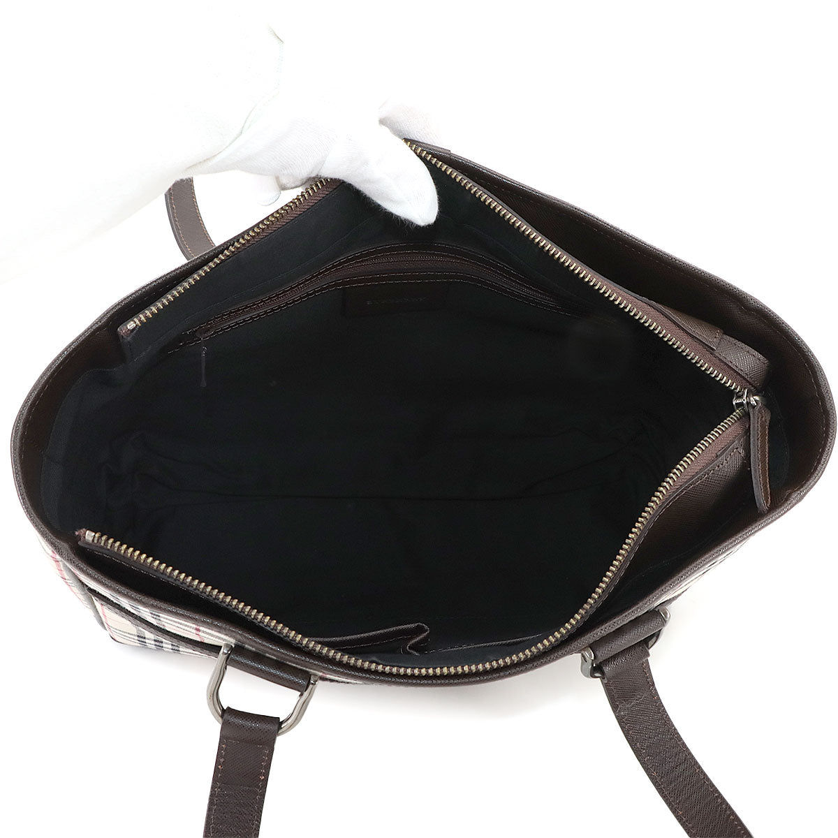 Plaid Tote Bag Canvas Leather Beige Brown Purse