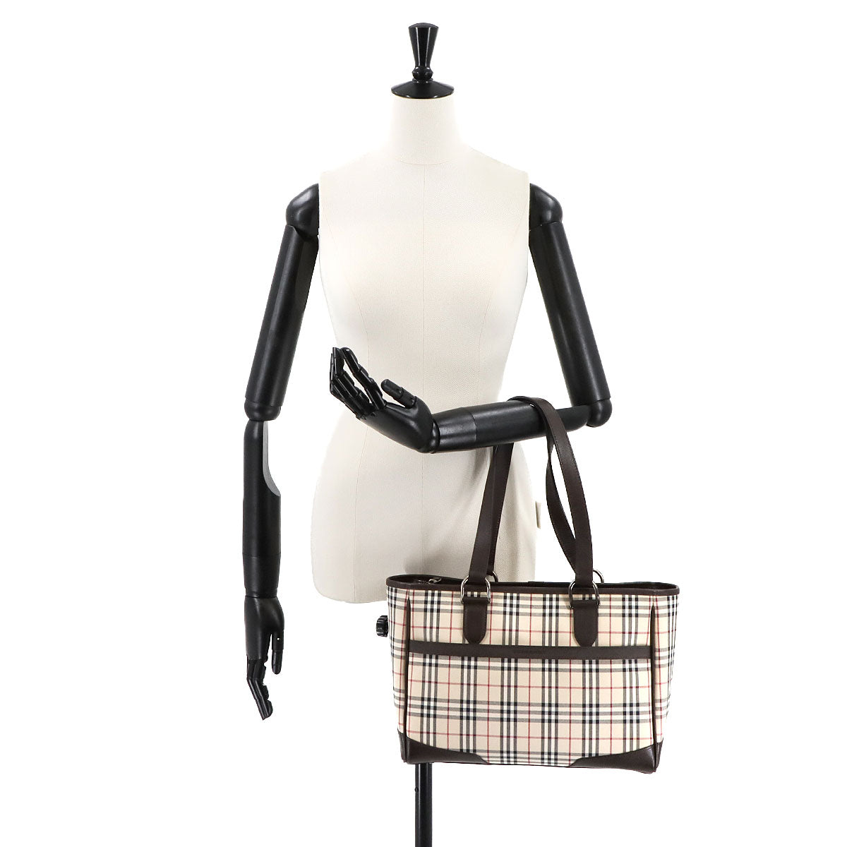 Plaid Tote Bag Canvas Leather Beige Brown Purse