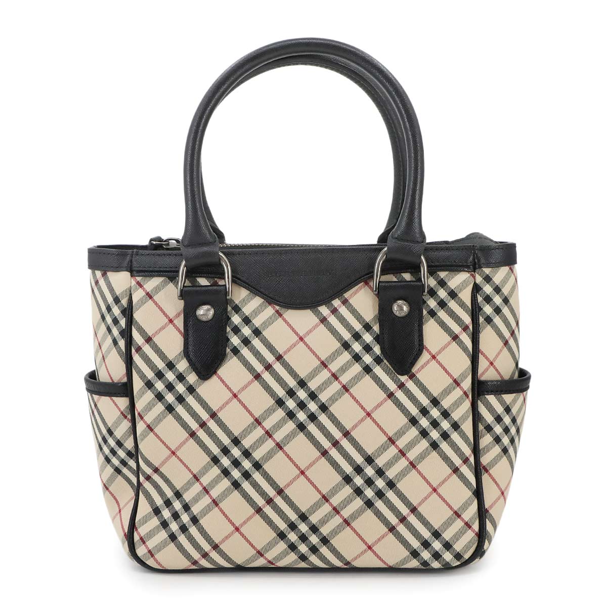 Plaid Hand Bag Canvas Leather Beige Black Purse
