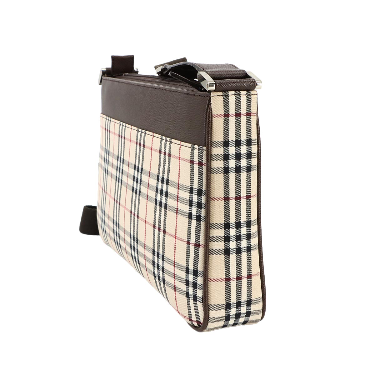 Plaid Shoulder Bag Canvas Leather Beige Brown Purse