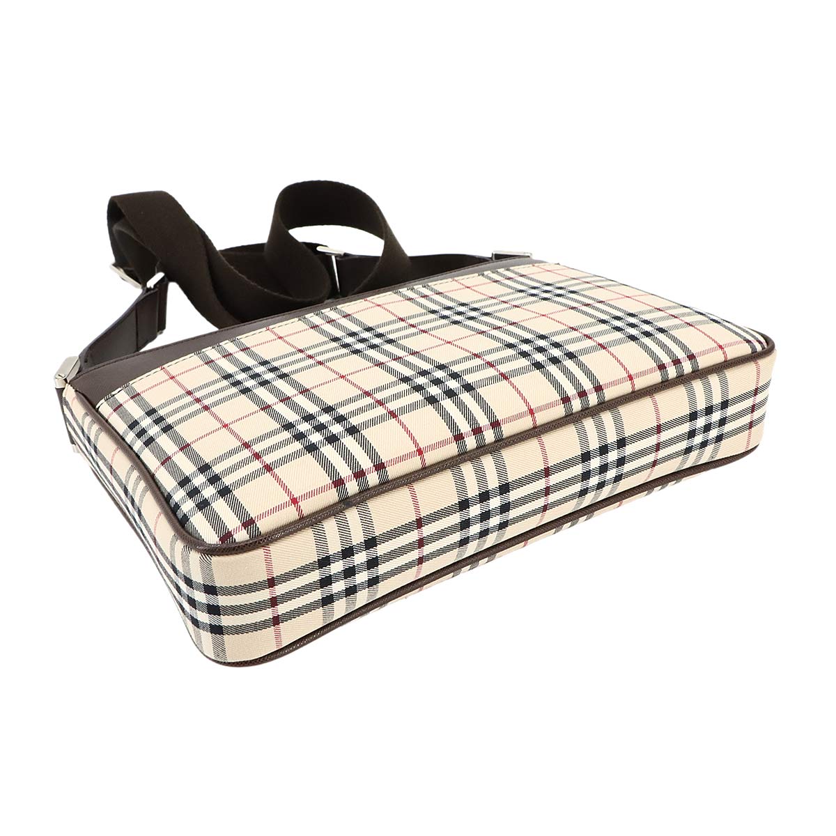 Plaid Shoulder Bag Canvas Leather Beige Brown Purse