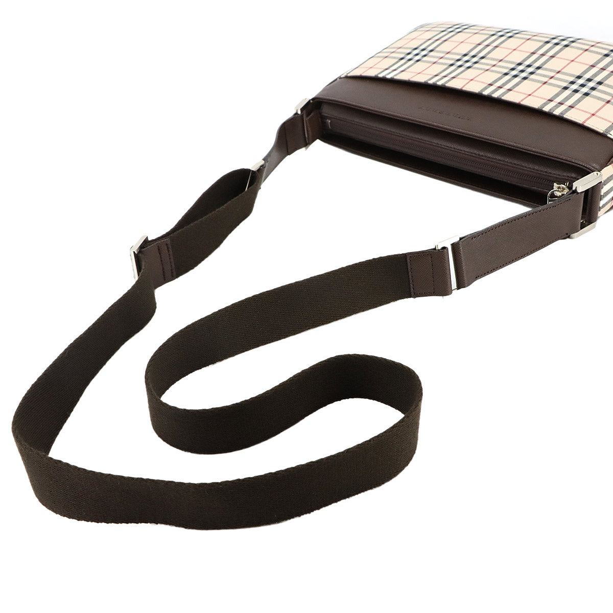 Plaid Shoulder Bag Canvas Leather Beige Brown Purse