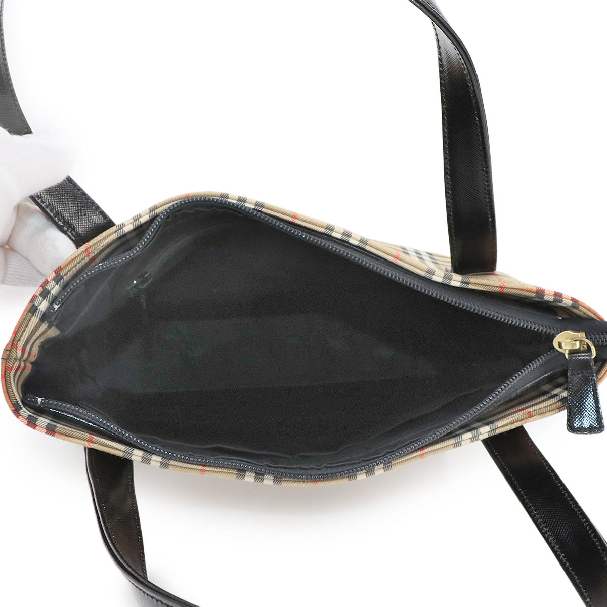 Plaid Hand Bag Canvas Leather Beige Black Haymarket