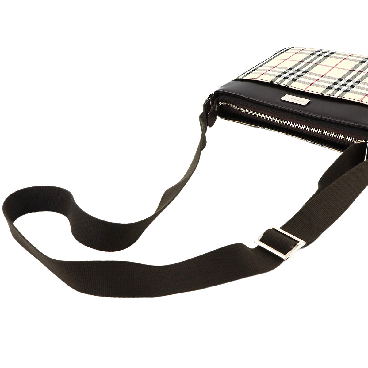 Plaid Shoulder Bag Canvas Leather Beige Brown Purse