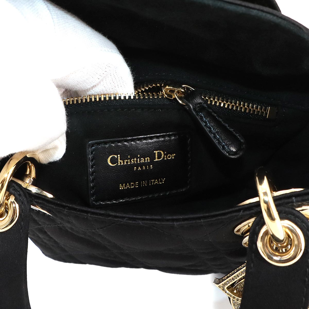 Lady Dior Mini Hand Shoulder Bag Rhinestone Satin Black