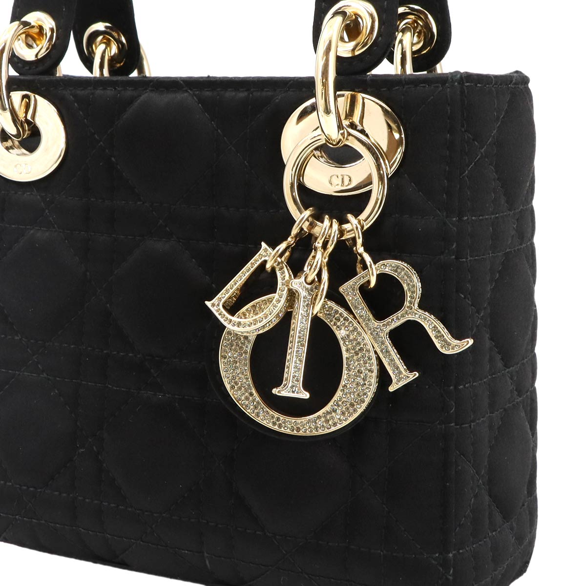 Lady Dior Mini Hand Shoulder Bag Rhinestone Satin Black