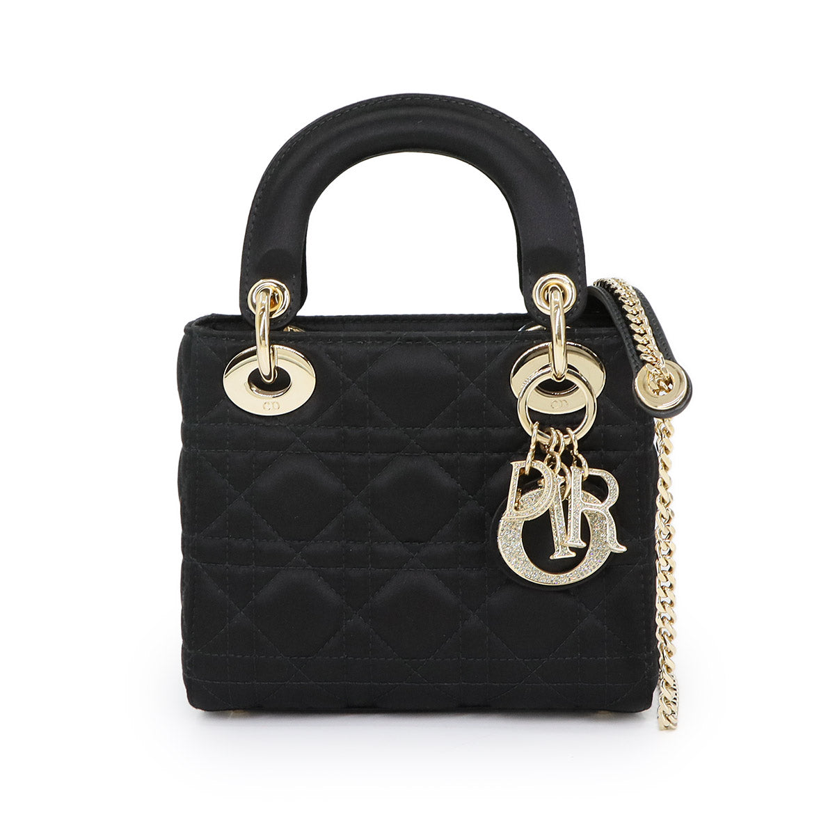 Lady Dior Mini Hand Shoulder Bag Rhinestone Satin Black