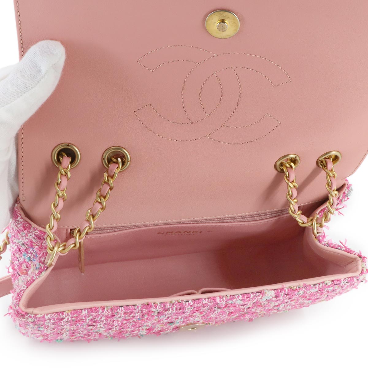 CC Filigree Chain Shoulder Bag Tweed Pink A93340 Purse