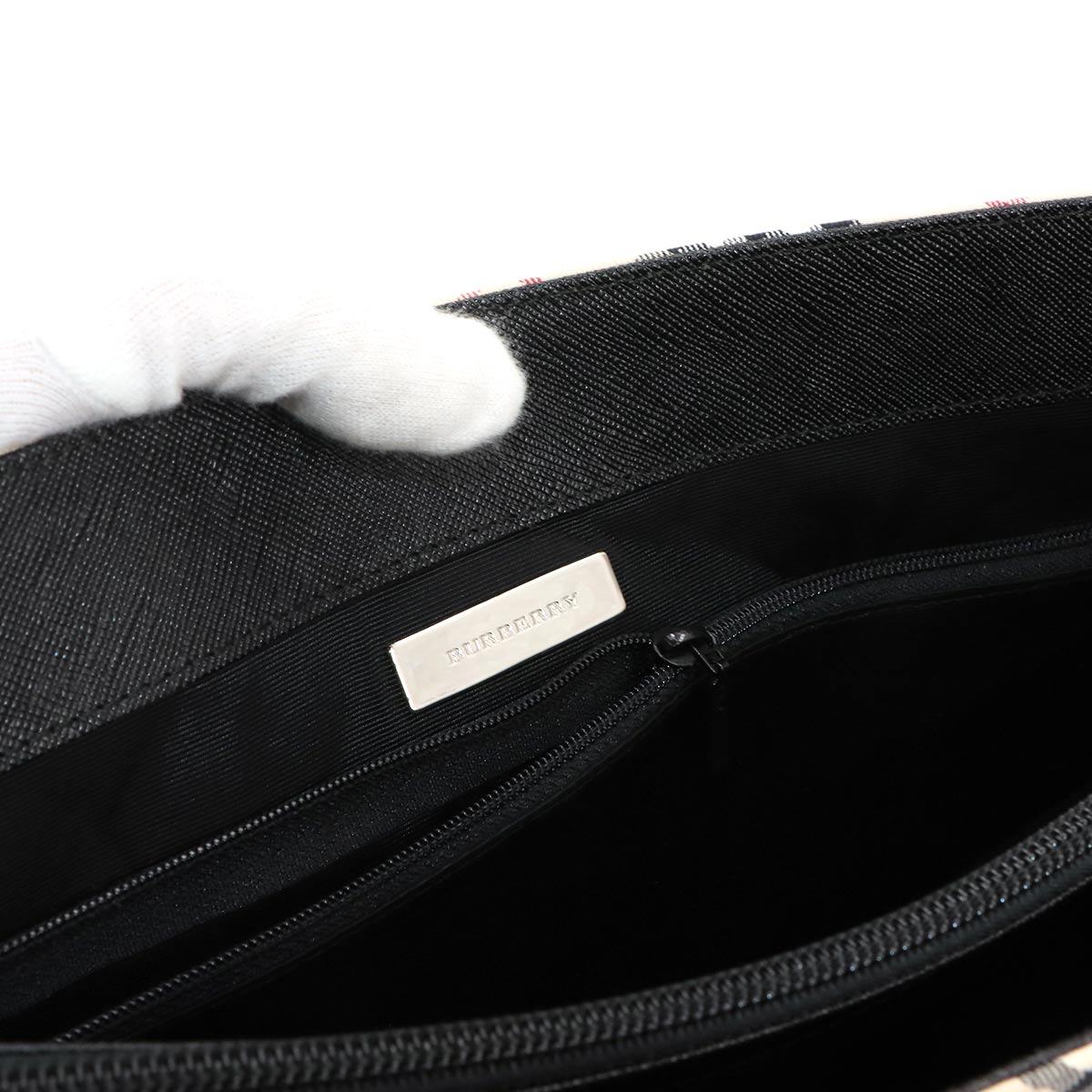 Plaid Hand Bag Canvas Leather Beige Black Purse