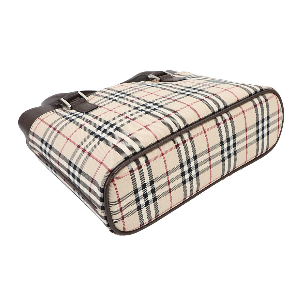 Plaid Hand Bag Canvas Leather Beige Brown Purse