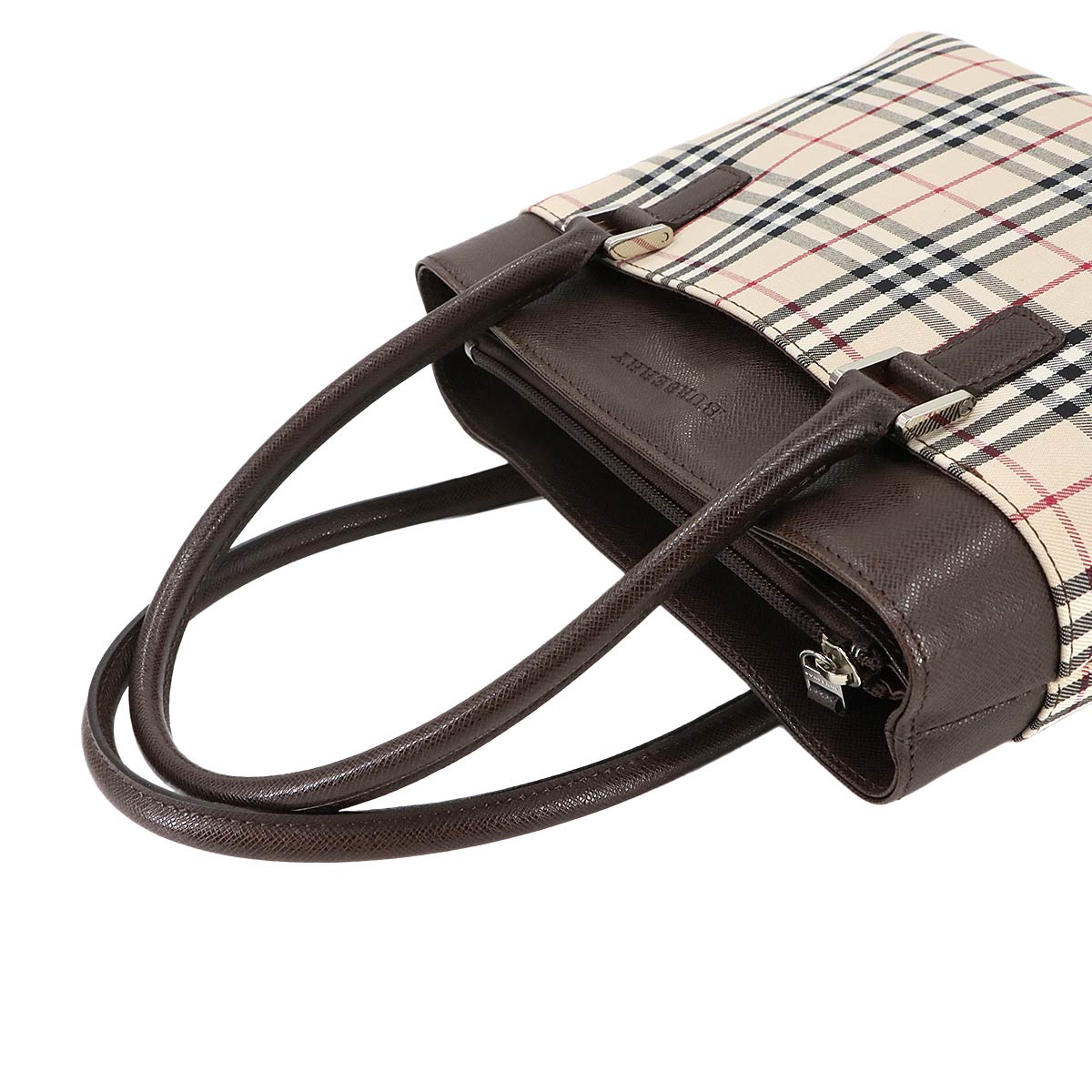 Plaid Hand Bag Canvas Leather Beige Brown Purse