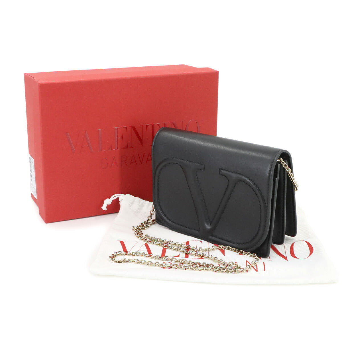 V Logo Chain Shoulder Bag Leather Black