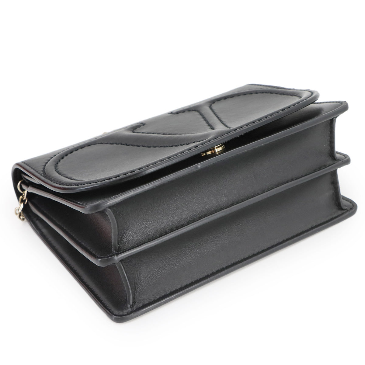 V Logo Chain Shoulder Bag Leather Black
