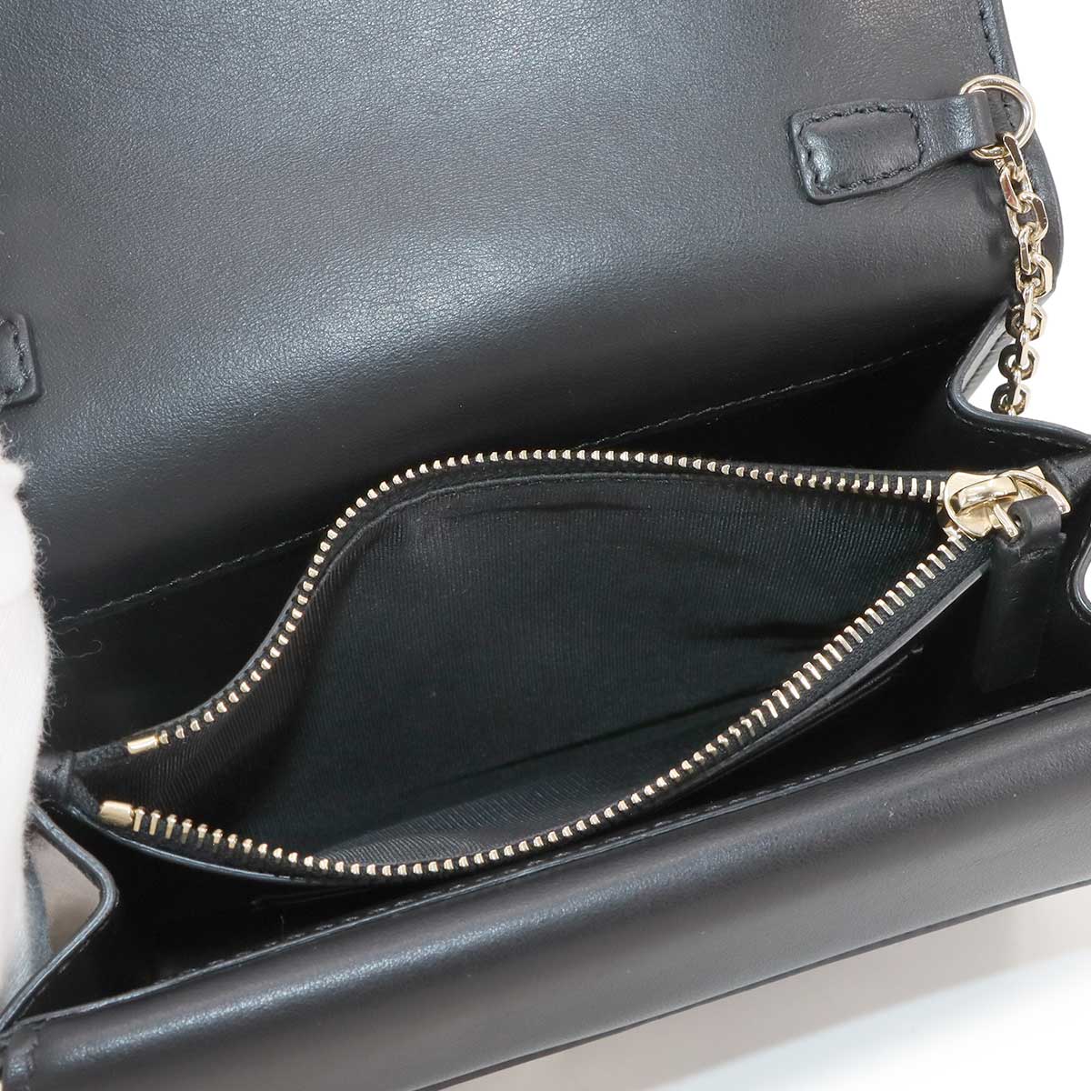 V Logo Chain Shoulder Bag Leather Black