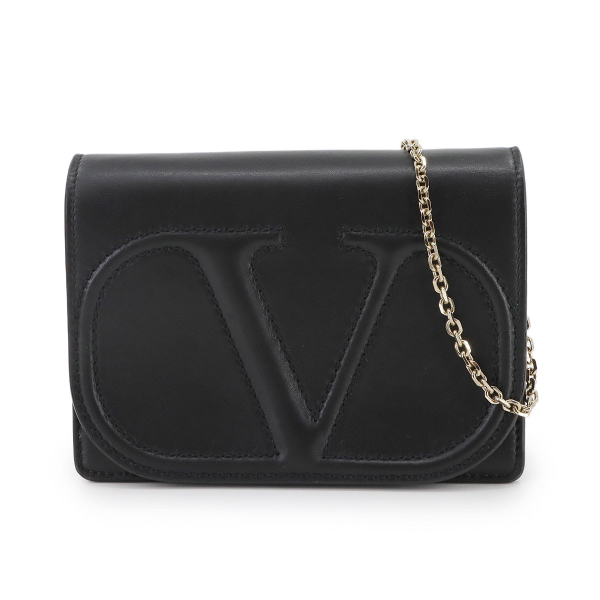 V Logo Chain Shoulder Bag Leather Black