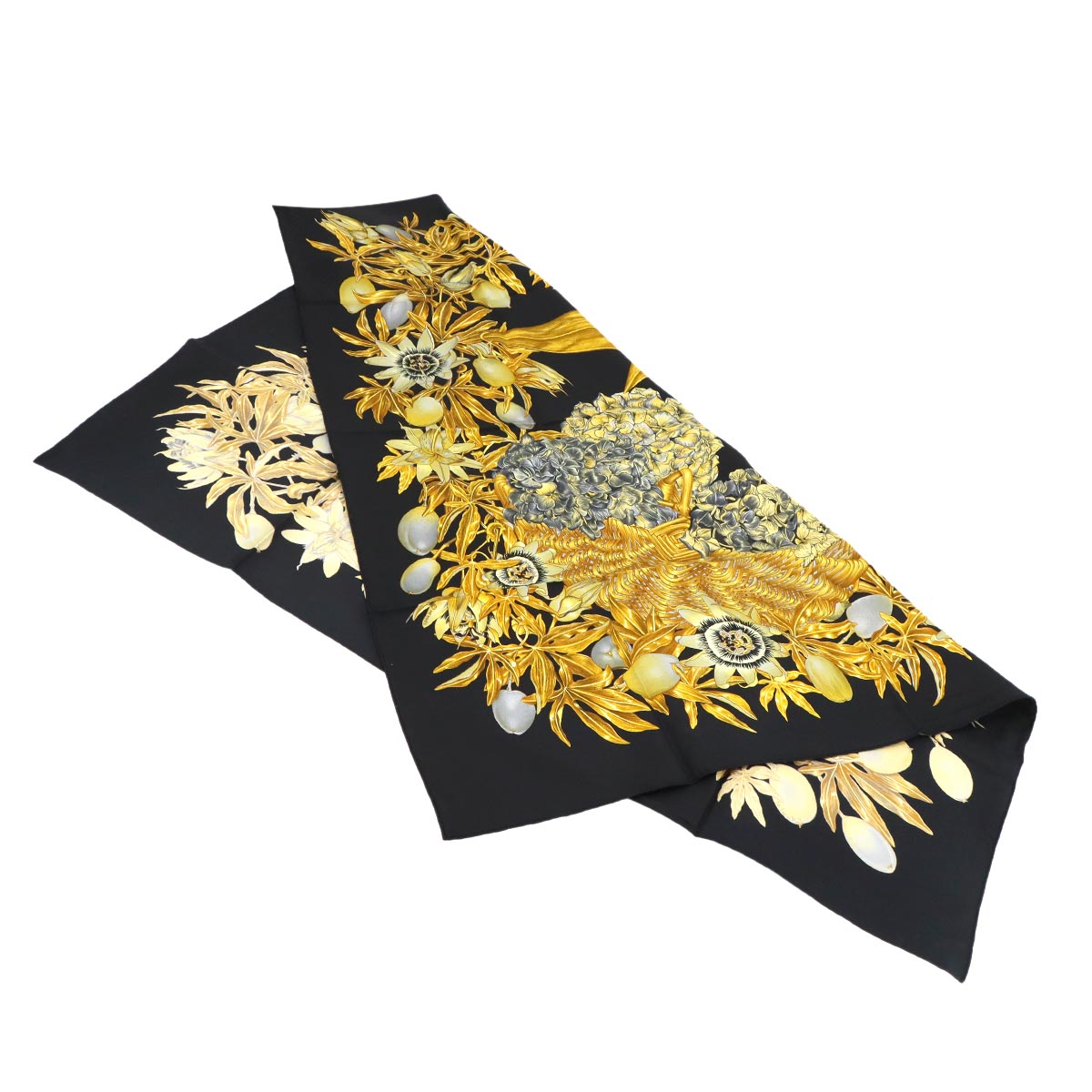 Carre 90 Scarf Passiflores Silk Black Yellow Gold