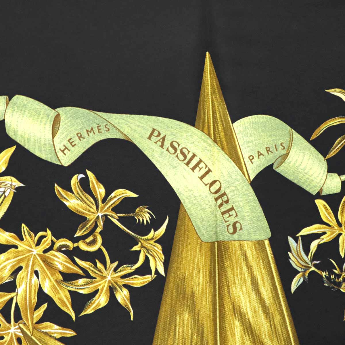 Carre 90 Scarf Passiflores Silk Black Yellow Gold