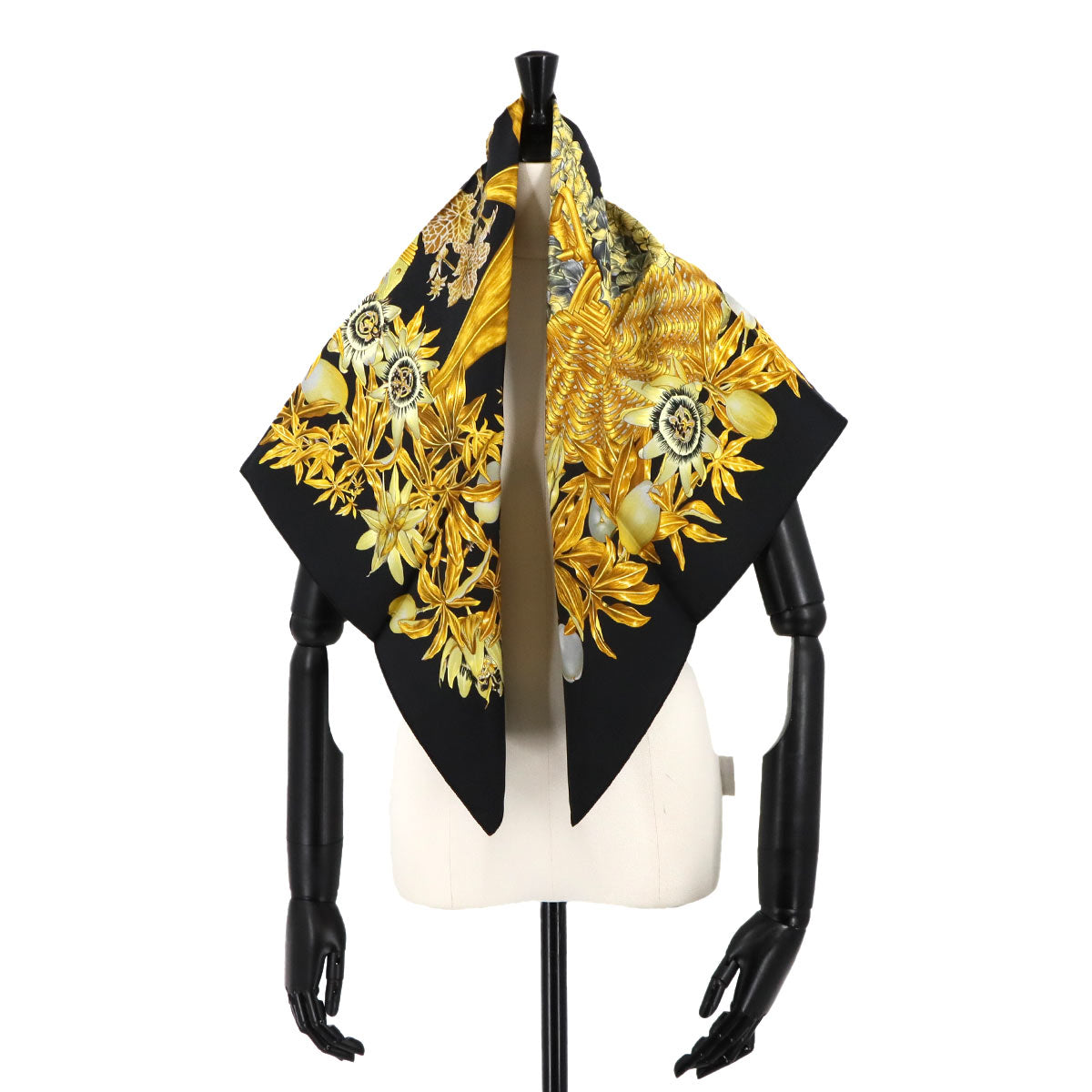 Carre 90 Scarf Passiflores Silk Black Yellow Gold