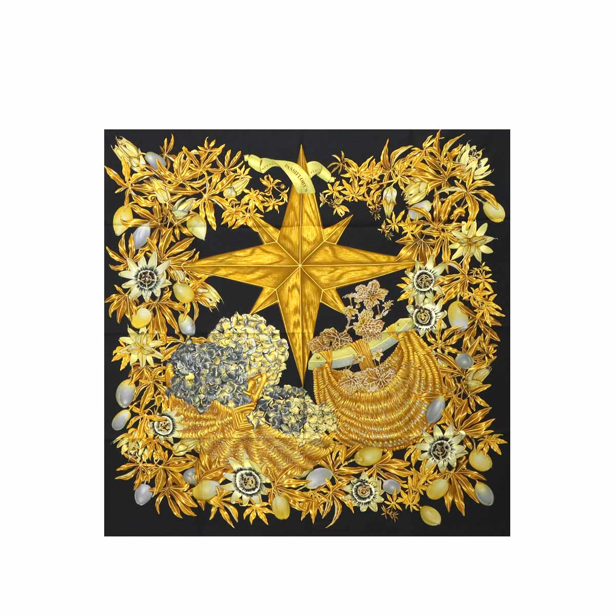 Carre 90 Scarf Passiflores Silk Black Yellow Gold