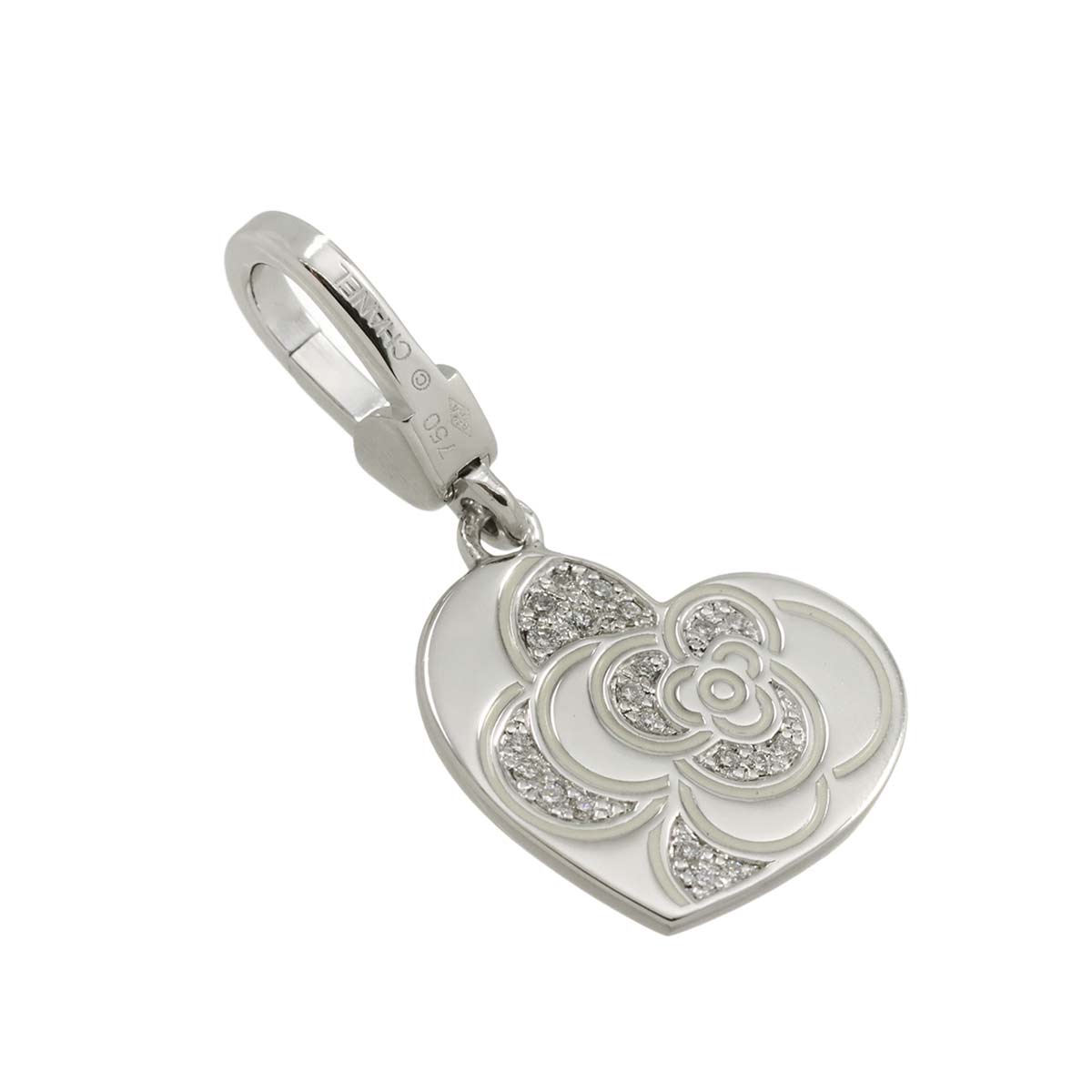 Camellia Heart Diamond Enamel Charm Pendant Top 18K WG 750