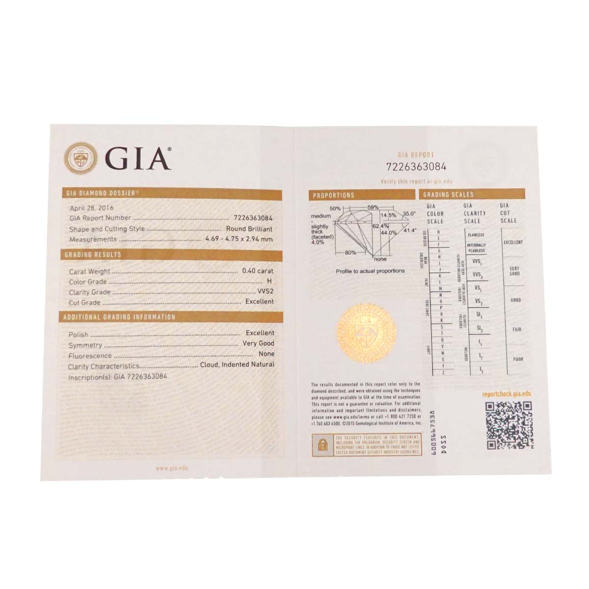 Diamond 0.40ct H/VVS2/EX Ring Pt Size48 4.5(US)