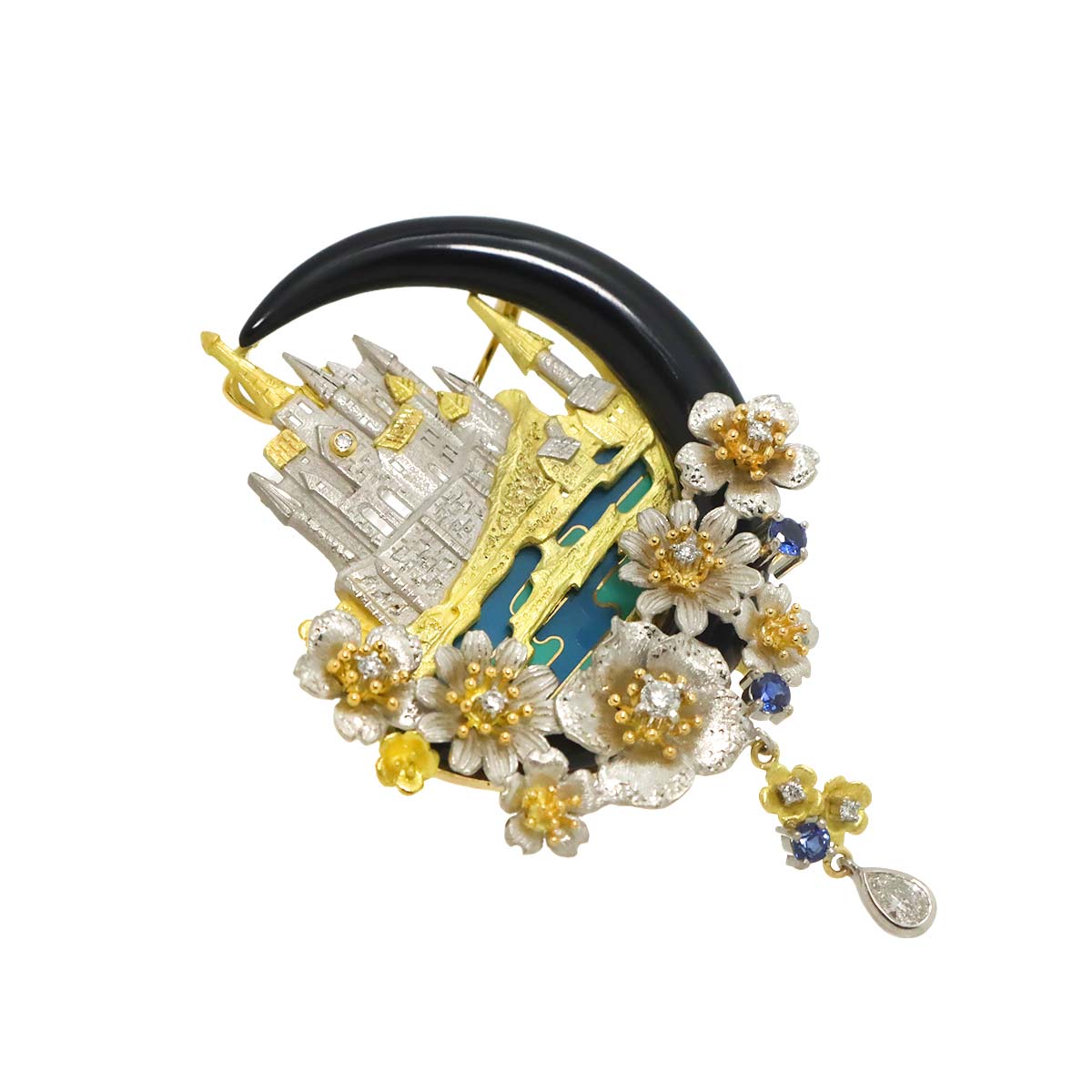 as Time Diamond Sapphire Onyx Brooch 18K YG 750 Pt