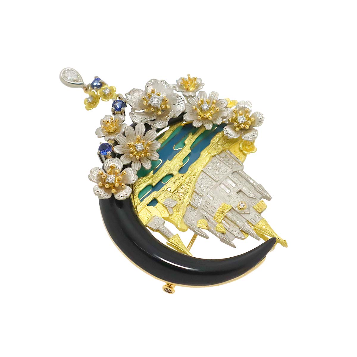 as Time Diamond Sapphire Onyx Brooch 18K YG 750 Pt