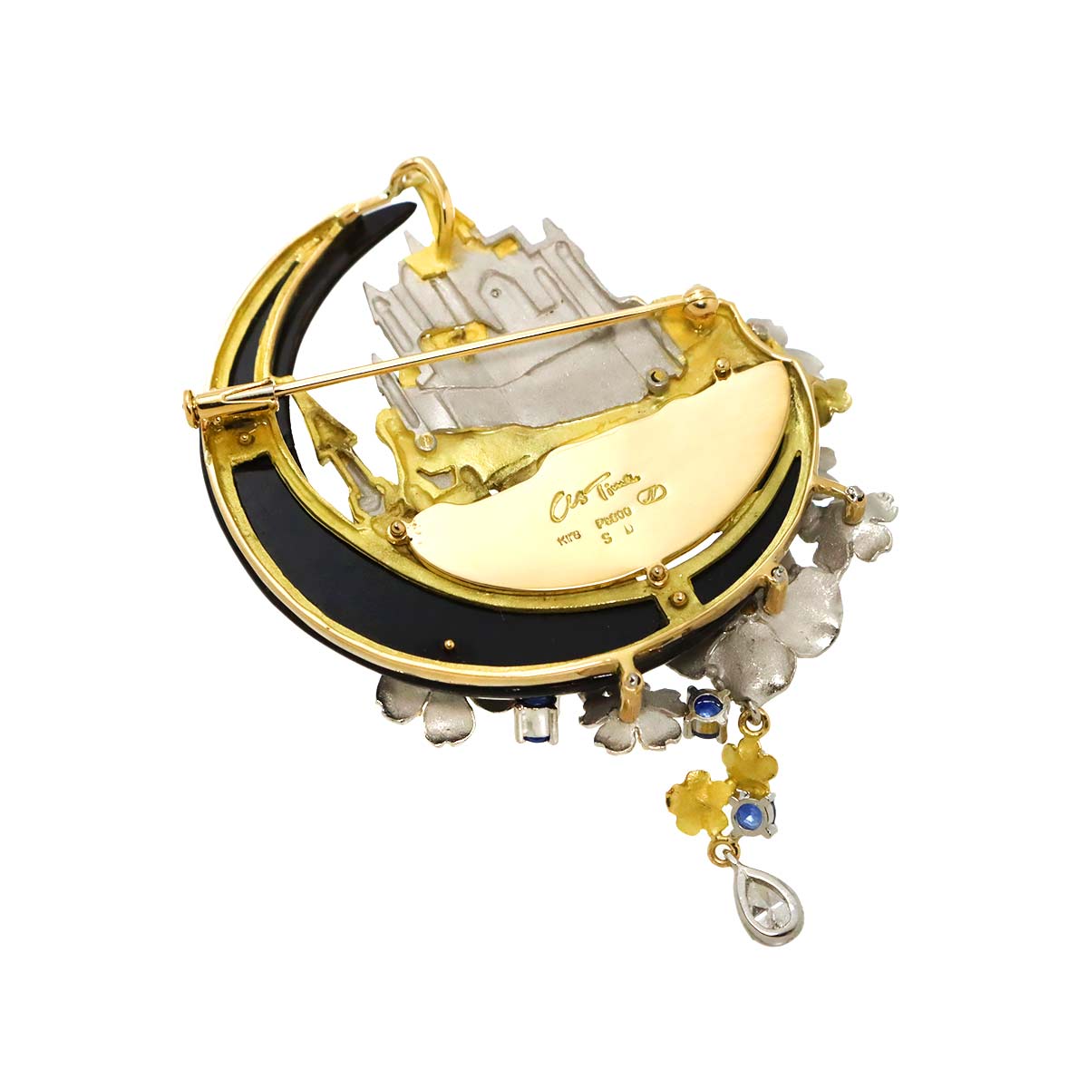 as Time Diamond Sapphire Onyx Brooch 18K YG 750 Pt