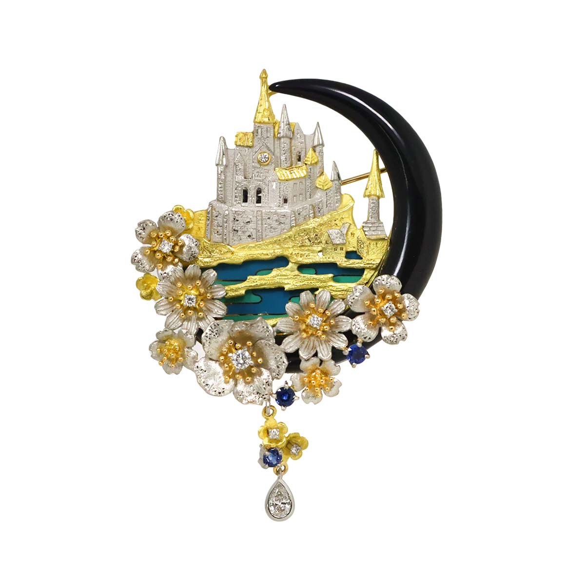 as Time Diamond Sapphire Onyx Brooch 18K YG 750 Pt