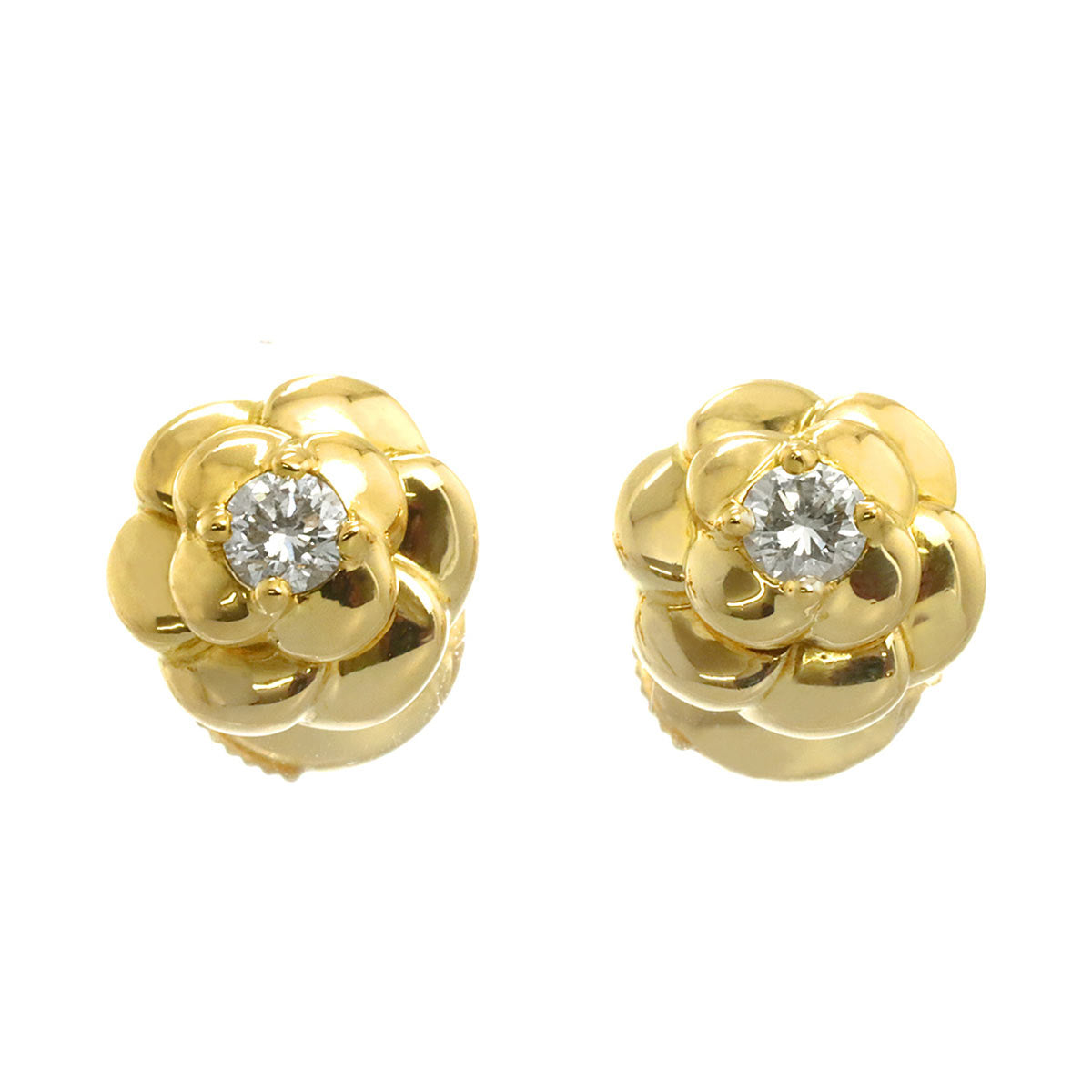 CHANEL Camelia Diamond Earrings Pierced 18K Yellow Gold 750
