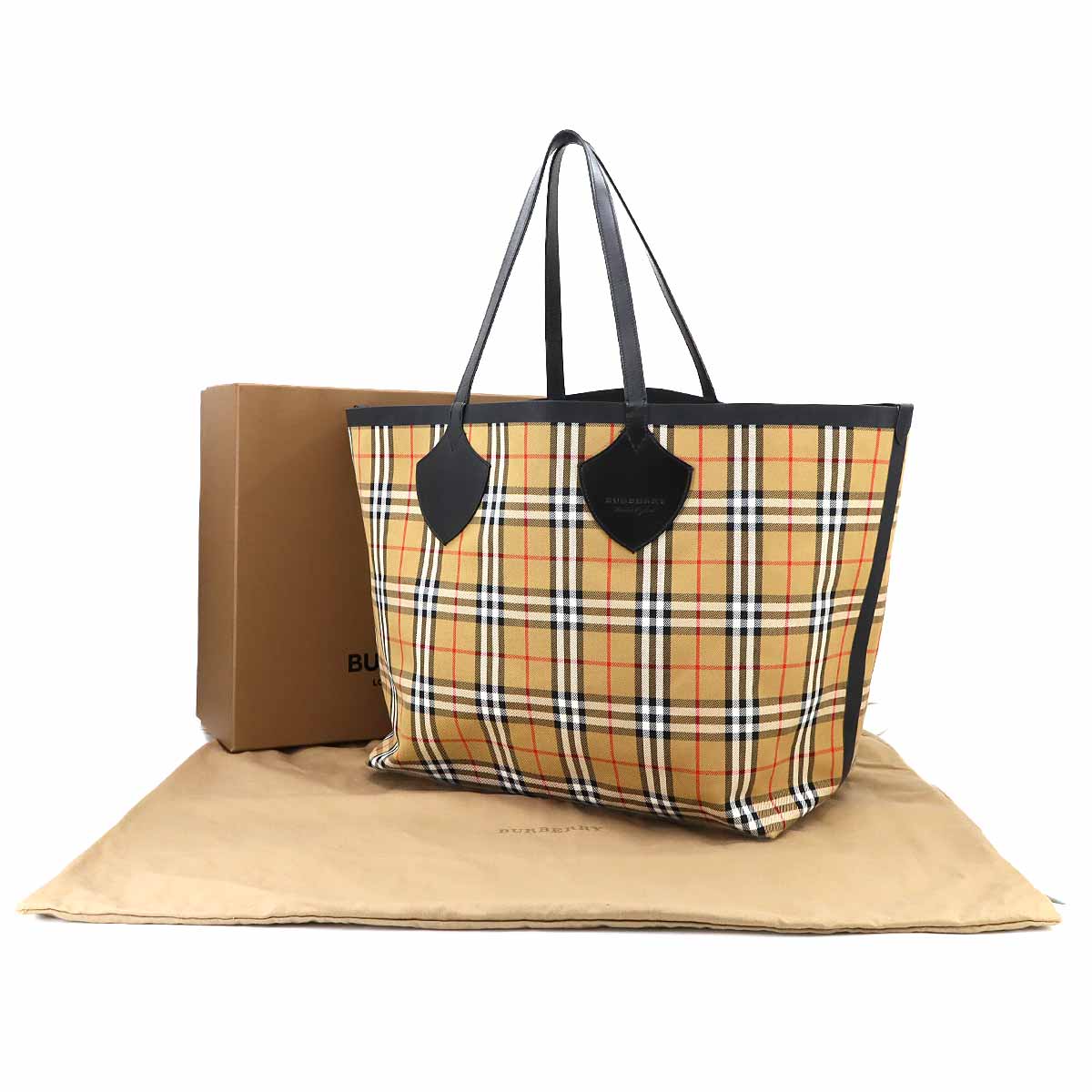 Plaid Giant Reversible Tote Bag Canvas Leather Beige Green