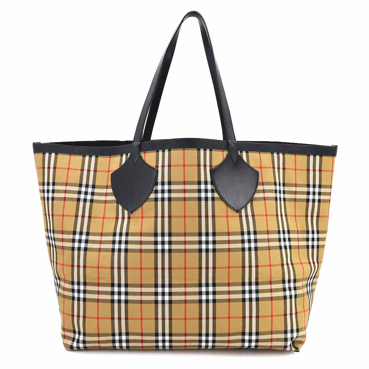 Plaid Giant Reversible Tote Bag Canvas Leather Beige Green