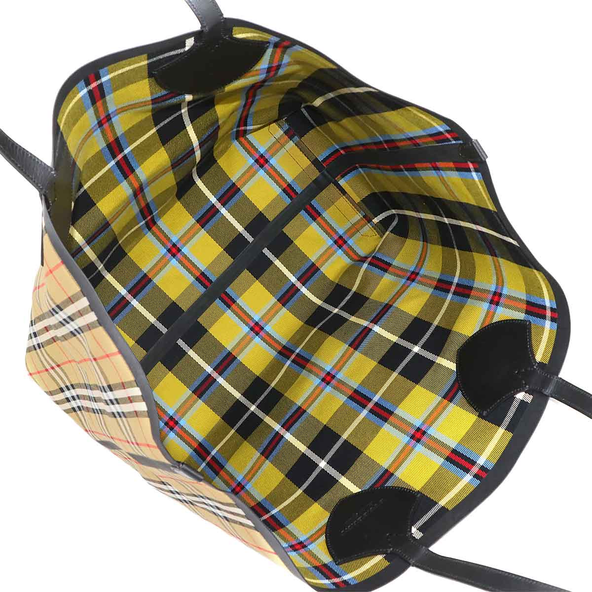 Plaid Giant Reversible Tote Bag Canvas Leather Beige Green