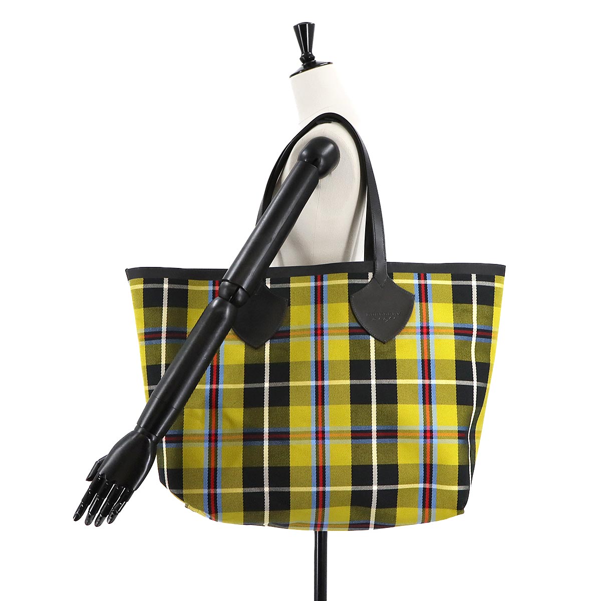 Plaid Giant Reversible Tote Bag Canvas Leather Beige Green